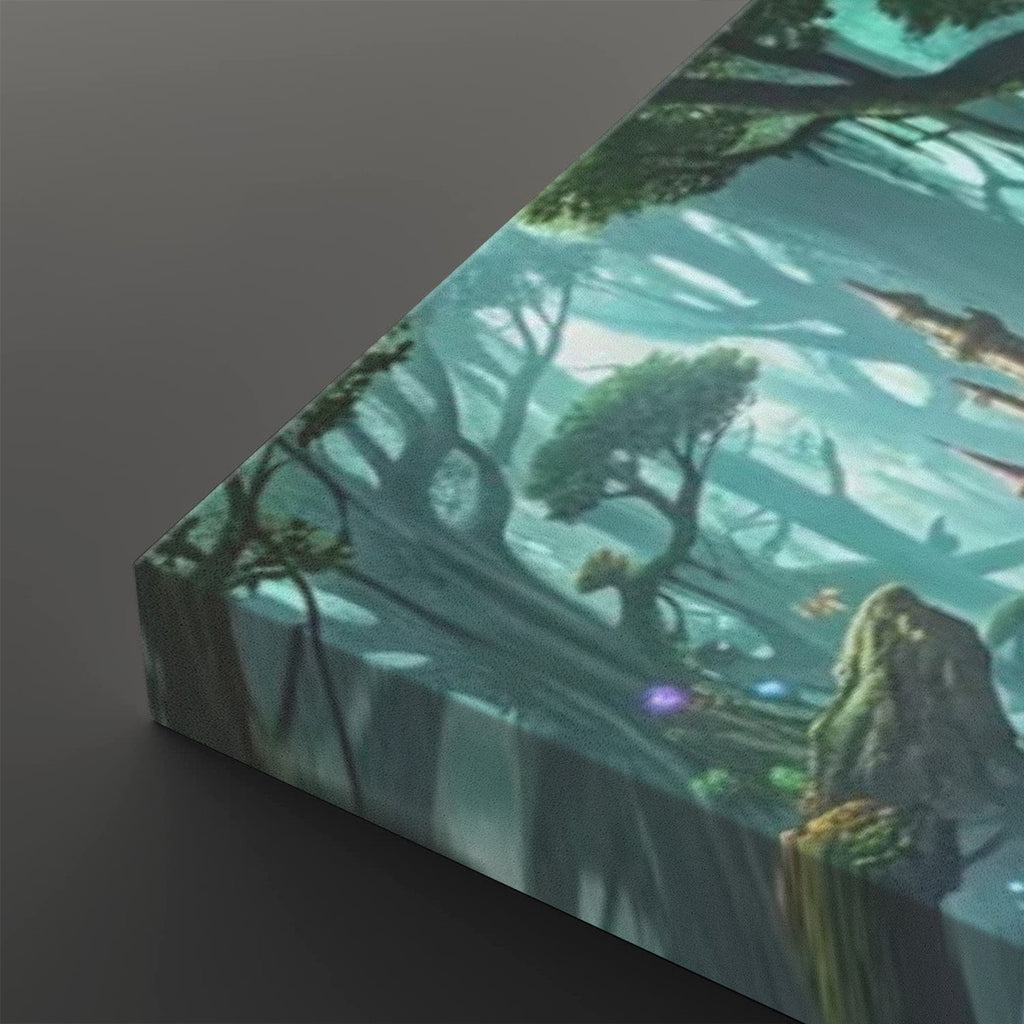 A rectangular canvas print showing a fantasy forest scene with trees, glowing light, and a stone figure, photographed at an angle on a dark gray background.