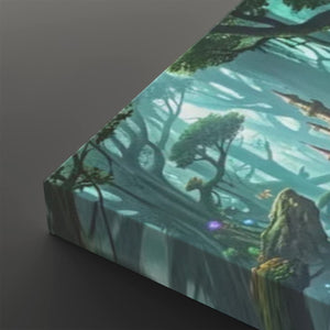 A rectangular canvas print showing a fantasy forest scene with trees, glowing light, and a stone figure, photographed at an angle on a dark gray background.
