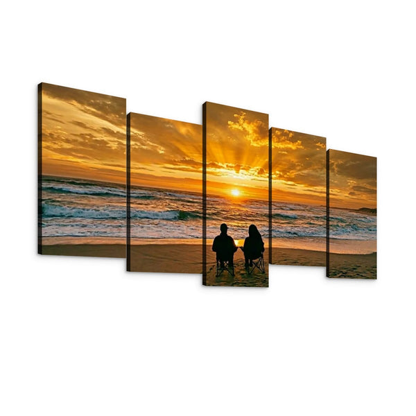 Sunset Surf Couple on the Beach Canvas Wall Art – Romantic Coastal Scene | 5-Panel Level Print