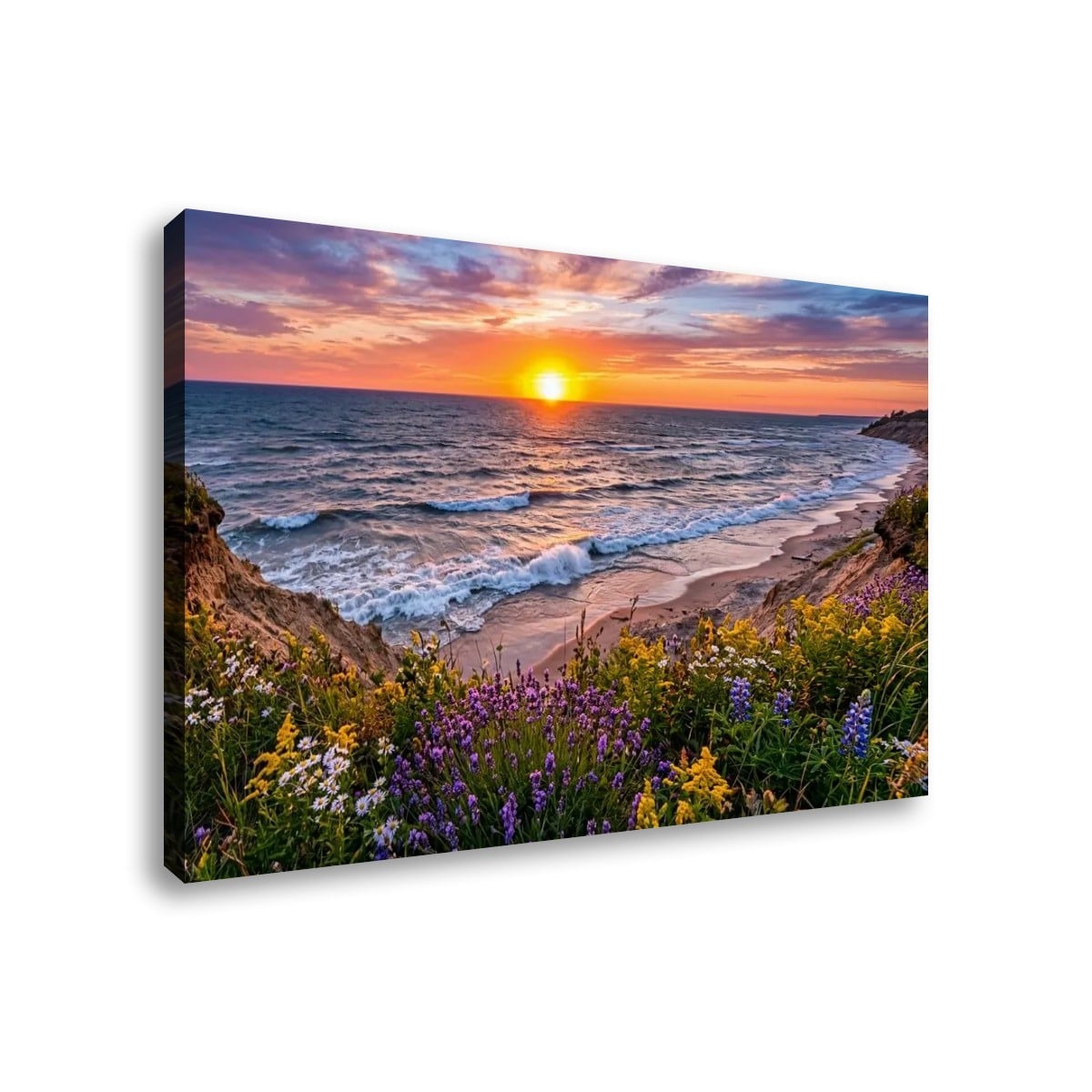 Lake Michigan Bluff at Sunset with Lavender Flowers  – 1, 3, 5-Panel Split Canvas Wall Art