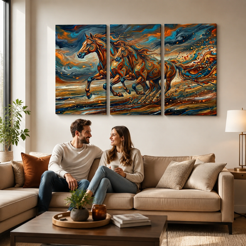 A three-panel canvas wall art set depicting a dramatic, colorful painting of two galloping horses, displayed on a beige wall above a living room sofa with a couple sitting underneath.
