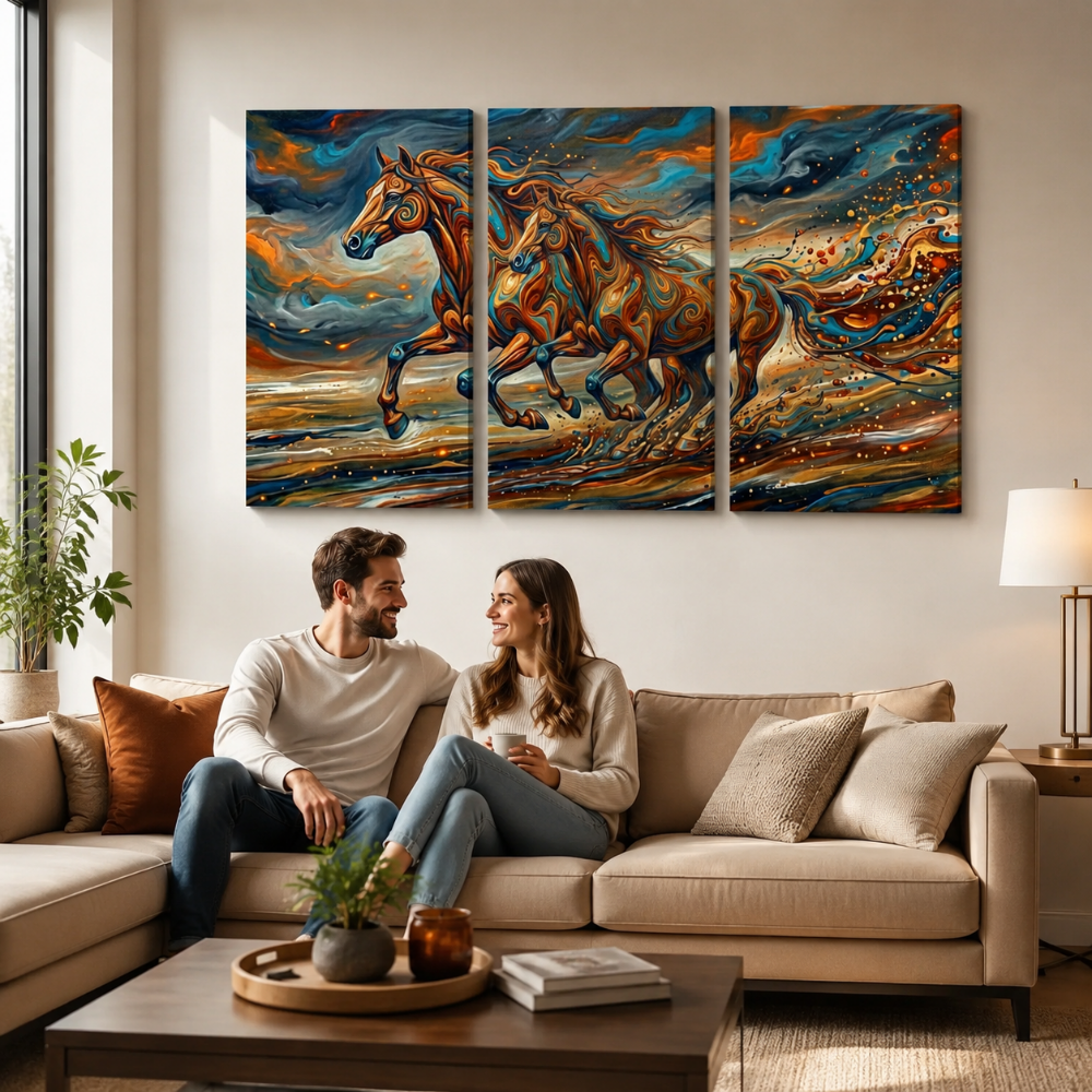 A three-panel canvas wall art set depicting a dramatic, colorful painting of two galloping horses, displayed on a beige wall above a living room sofa with a couple sitting underneath.