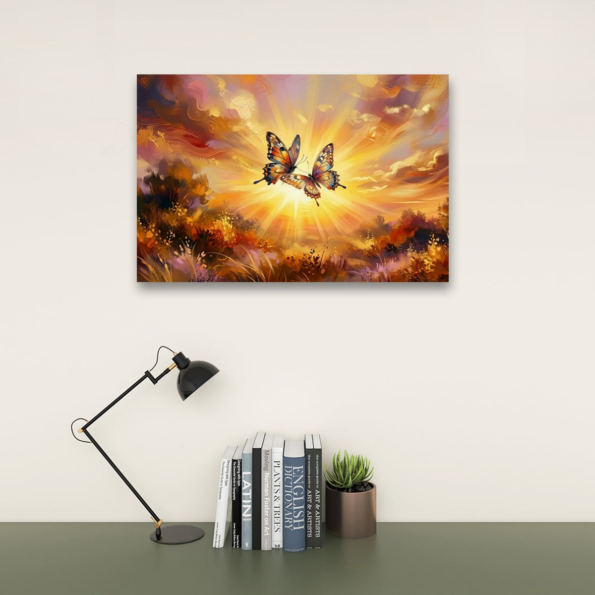 Golden Hour Butterflies Canvas Wall Art – Warm & Ethereal Abstract Print | 1, 3 & 5 Panel