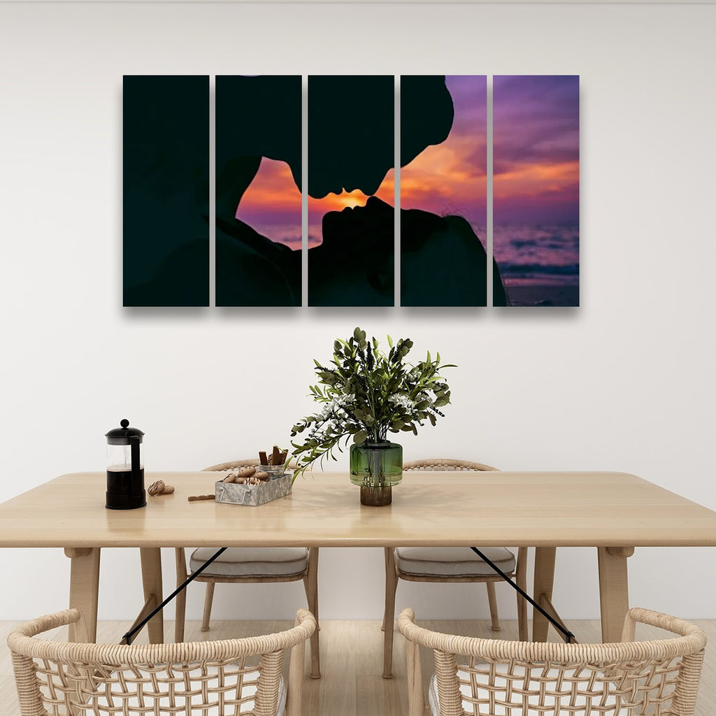Loving Couple Kissing at Sunset on Gulf Ocean Beach — Multi-Panel Canvas Wall Art