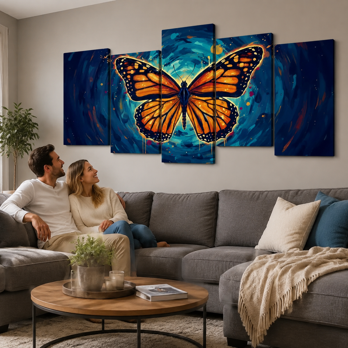 A couple sits on a gray sectional sofa in a living room, looking at a five-panel canvas wall art set depicting a large orange and black butterfly over a glowing blue background.