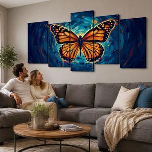 A couple sits on a gray sectional sofa in a living room, looking at a five-panel canvas wall art set depicting a large orange and black butterfly over a glowing blue background.
