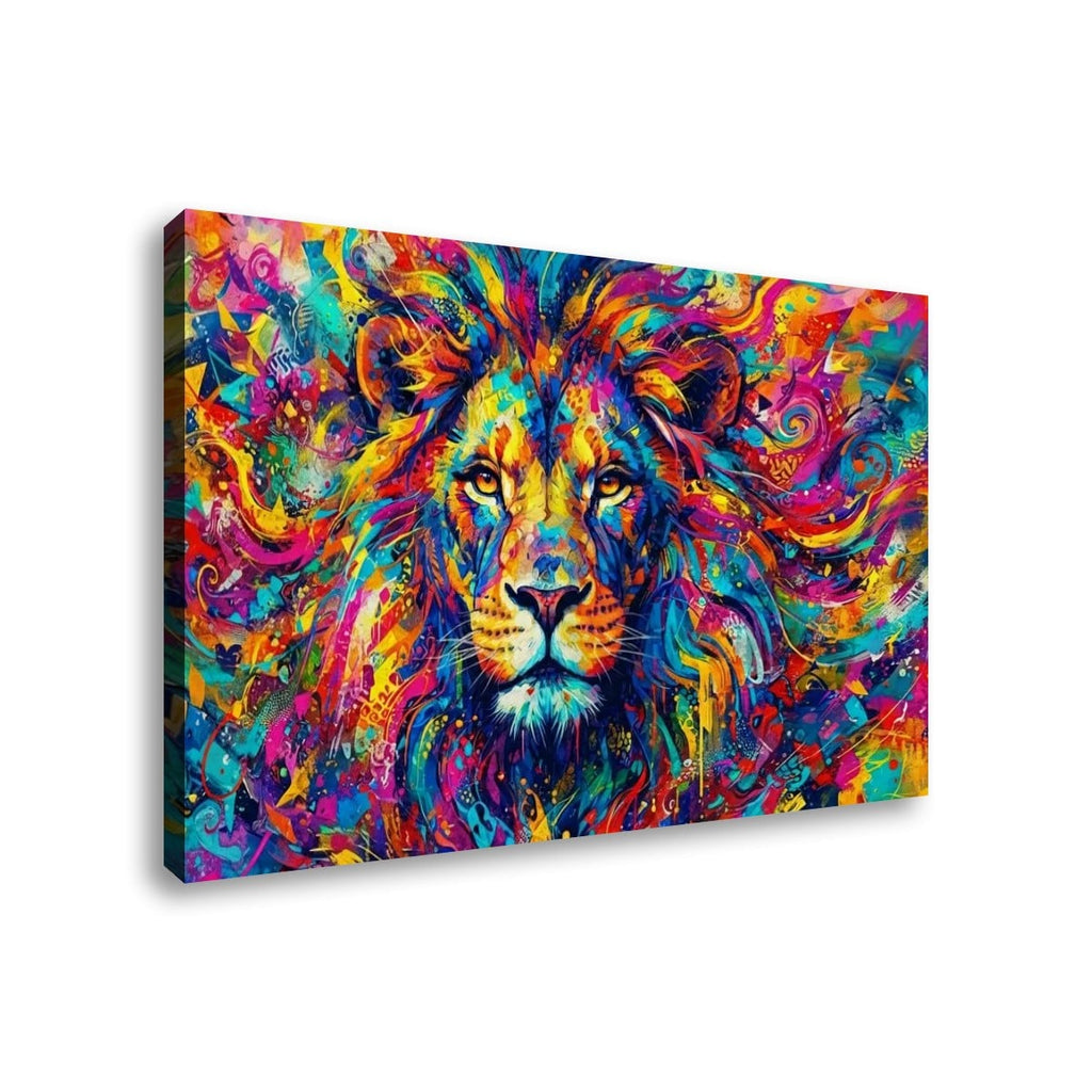 A colorful canvas wall art print depicting a stylized lion face surrounded by vivid abstract brushstrokes in blue, yellow, pink, orange, purple, and green, shown at a slight angle on a white background.