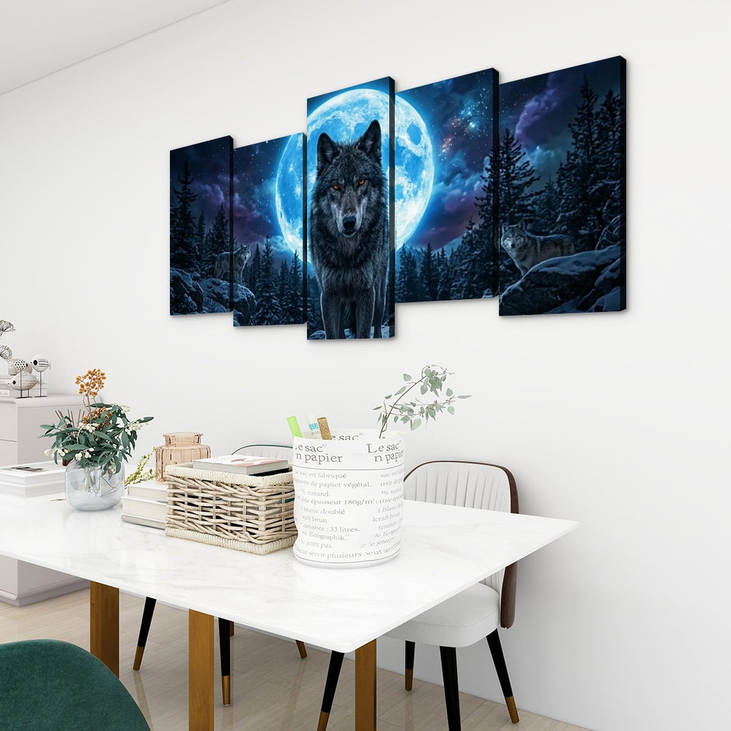 Howling Wolves with Blue Moon — 5-Panel Canvas Wall Art