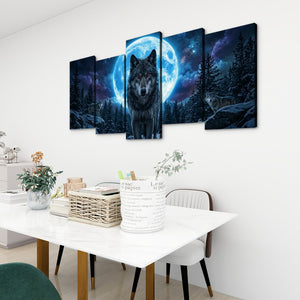 Howling Wolves with Blue Moon — 5-Panel Canvas Wall Art