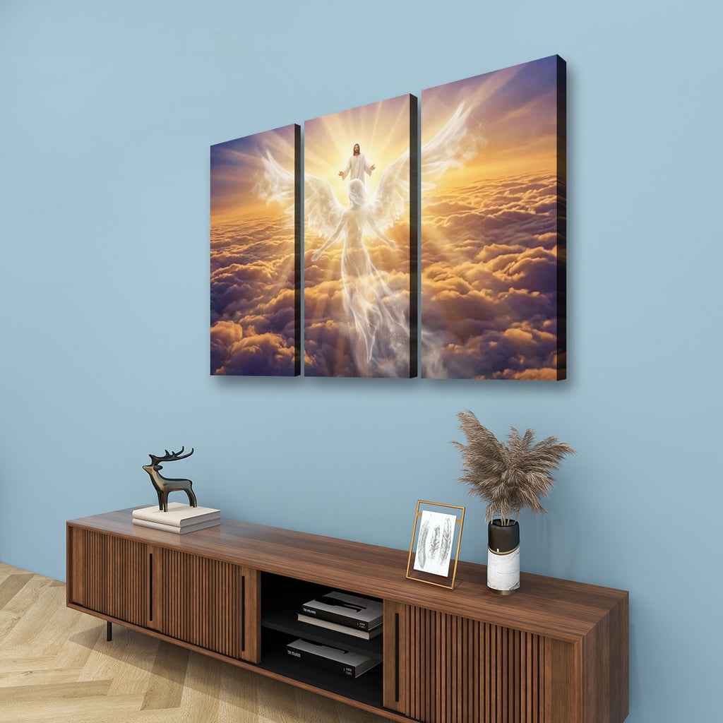 Jesus & Angel Heaven Golden Hour Above the Clouds Canvas Wall Art