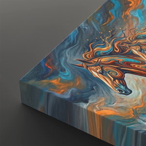 Abstract canvas wall art showing a stylized horse head in swirling blue, teal, orange, and white marbled paint, photographed at an angle on a dark gray background.