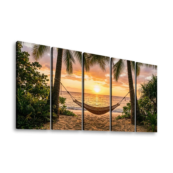 Hammock & Palm Trees Sunset Canvas Wall Art – Drift Into Sunset | 5-Panel Level Coastal Beach Print