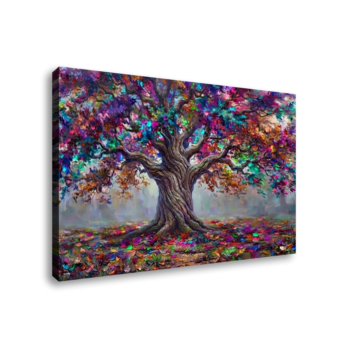 A rectangular canvas wall art print showing a large colorful tree with a gnarled trunk and vivid multicolored foliage, photographed against a plain white background.