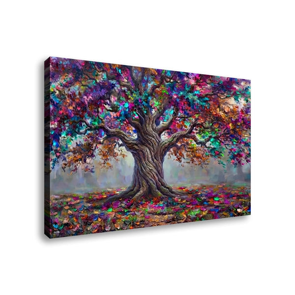 A rectangular canvas wall art print showing a large colorful tree with a gnarled trunk and vivid multicolored foliage, photographed against a plain white background.