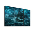 A three-panel canvas wall art set depicting a dark, dramatic sailing ship navigating rough stormy waves under a cloudy blue sky, shown against a plain white background.