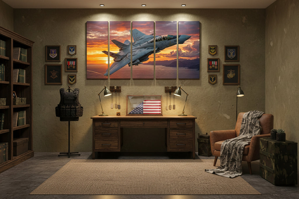 A five-panel canvas wall art print depicting a gray Grumman F-14 fighter jet flying over a sunset landscape, displayed on a white wall above a dining table with chairs and decorative items.