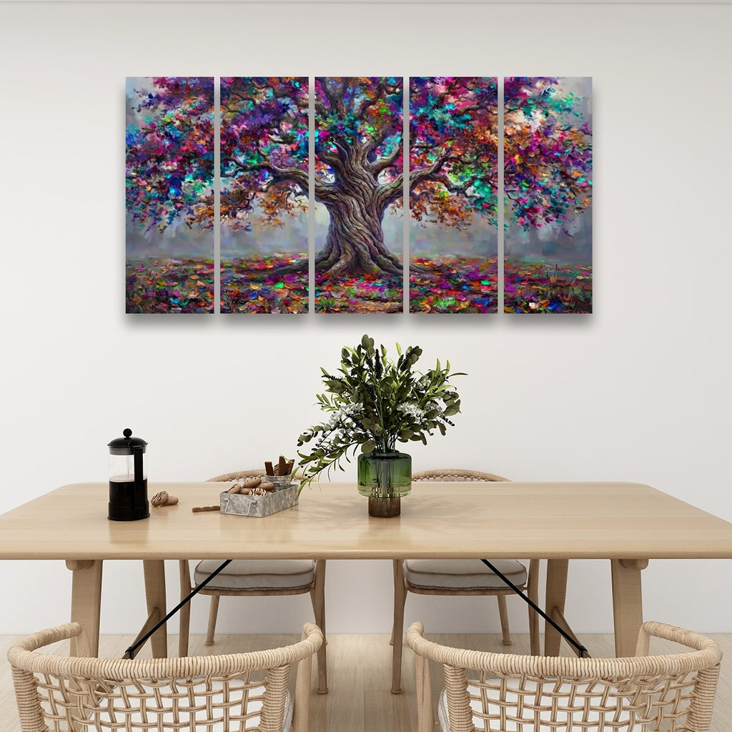 A five-panel canvas wall art set depicting a colorful, textured tree of life, displayed on a white wall above a light wood dining table with chairs and decorative items.