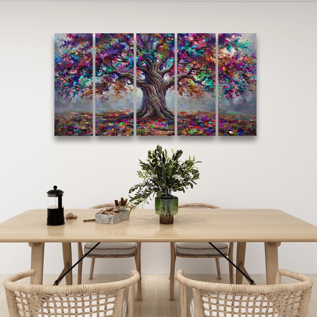 A five-panel canvas wall art set depicting a colorful, textured tree of life, displayed on a white wall above a light wood dining table with chairs and decorative items.