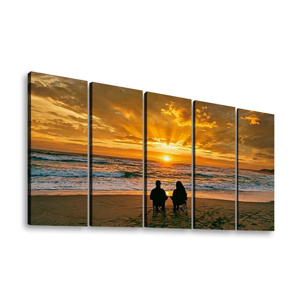 Sunset Surf Couple on the Beach Canvas Wall Art – Romantic Coastal Scene | 5-Panel Level Print