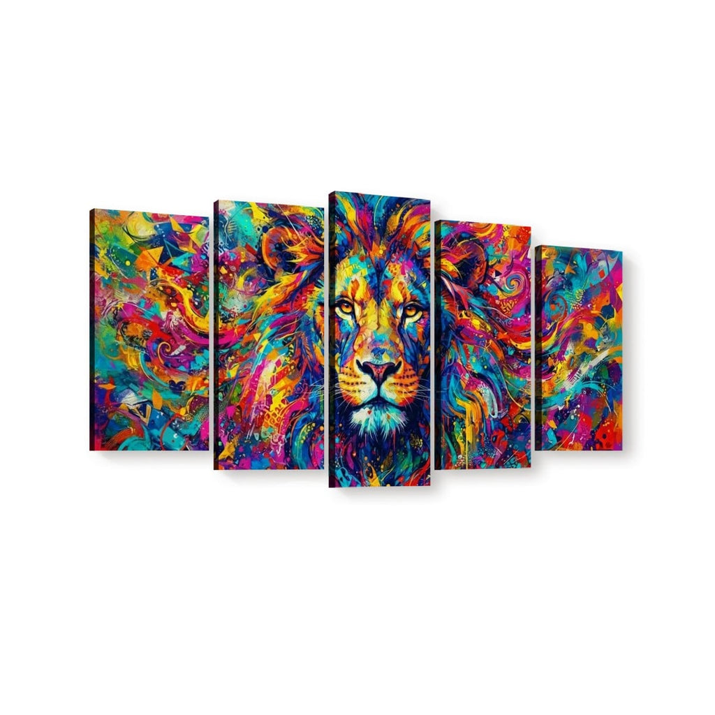 A five-panel canvas wall art set depicting a colorful, abstract lion face in vivid brushstrokes of blue, yellow, pink, purple, and orange on a white background.