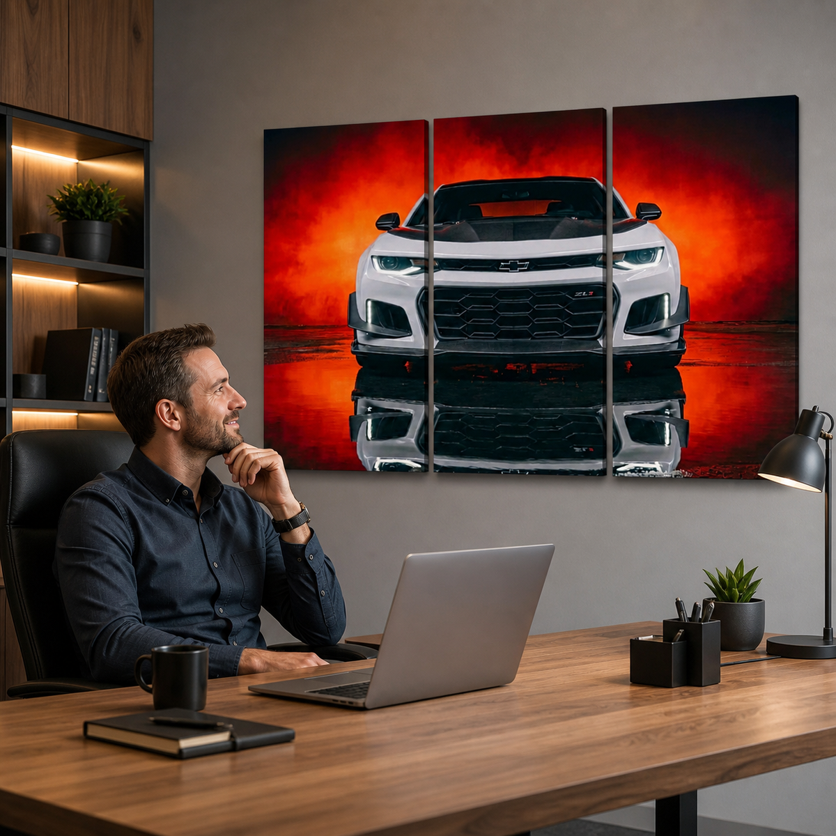 A man sits at a wooden desk in a modern office, looking at a laptop beneath a three-panel wall art print showing a white Camaro sports car against a dramatic red and orange background.