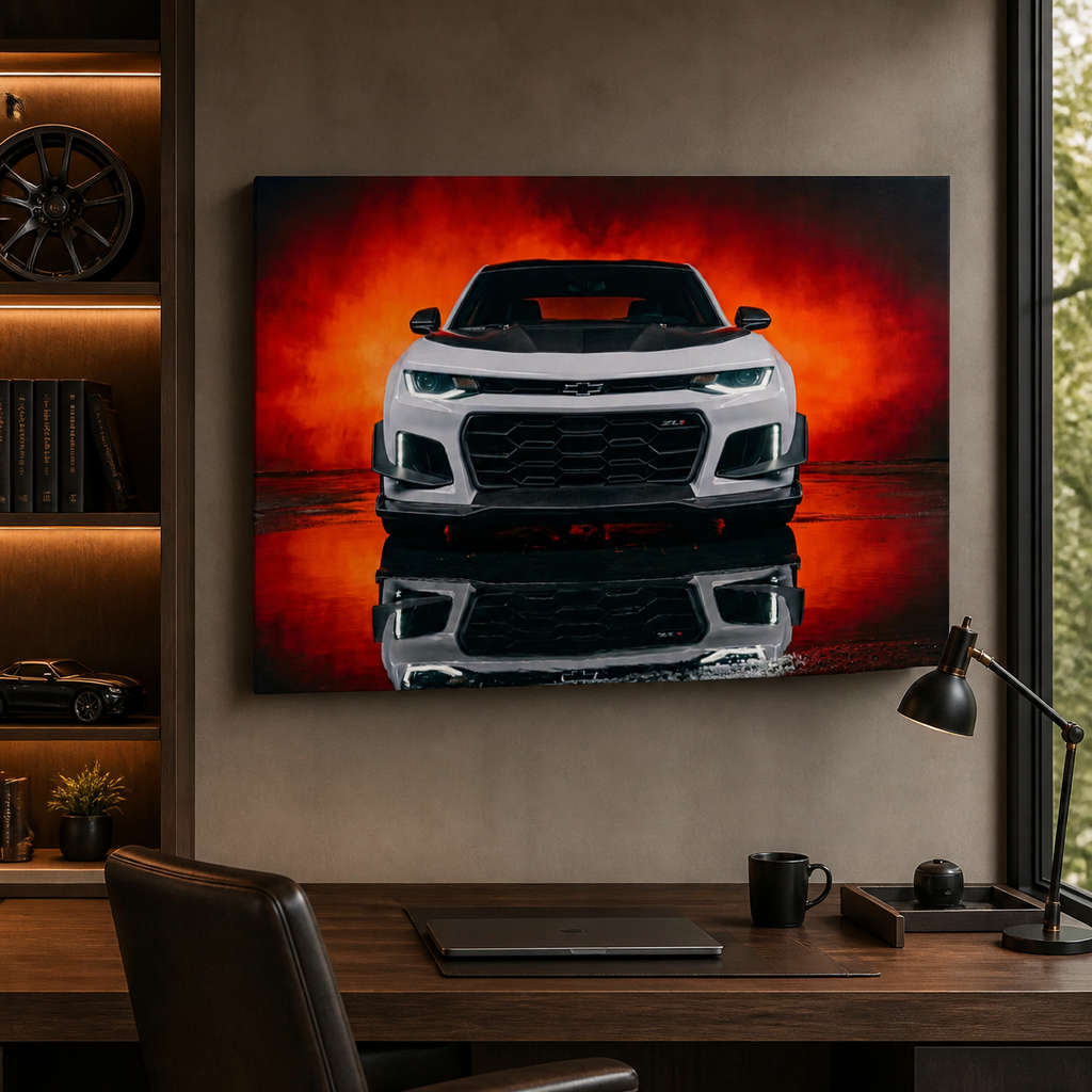A large rectangular wall art print showing a white sports car front view against a vivid red and orange smoky background, displayed above a wooden desk in a modern office setting.