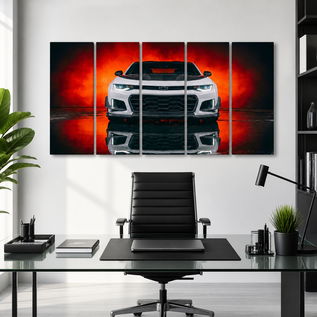 A five-panel canvas wall art print depicting a white Camaro sports car with a red and black dramatic background and reflection, displayed on a white wall above a modern desk setup.
