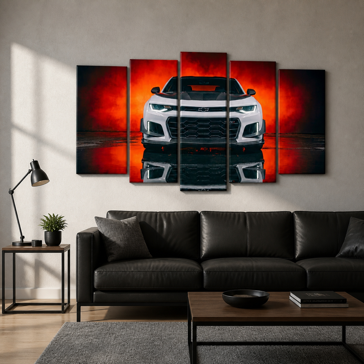 A 5-panel canvas wall art set depicting a white Camaro  sports car against a dramatic red and orange background, displayed above a black leather sofa in a modern living room setting.
