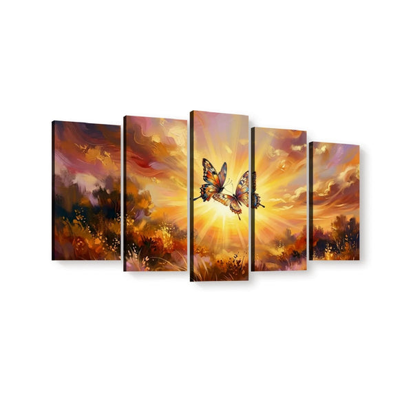 Golden Hour Butterflies Canvas Wall Art – Warm & Ethereal Abstract Print | 1, 3 & 5 Panel