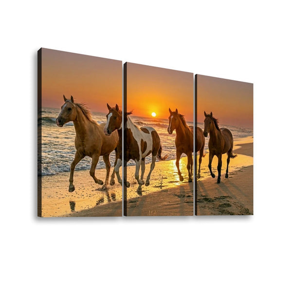 Three-panel canvas wall art showing four horses running on a beach at sunset, displayed against a plain white background.