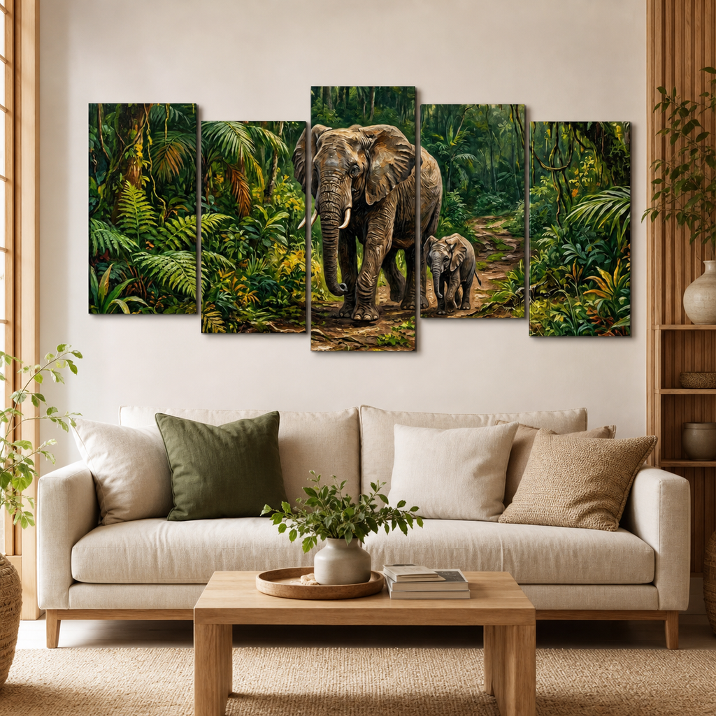 A 5-panel canvas wall art set depicting a large elephant and a baby elephant walking through a lush green jungle, displayed on a beige wall above a modern white sofa in a styled living room.
