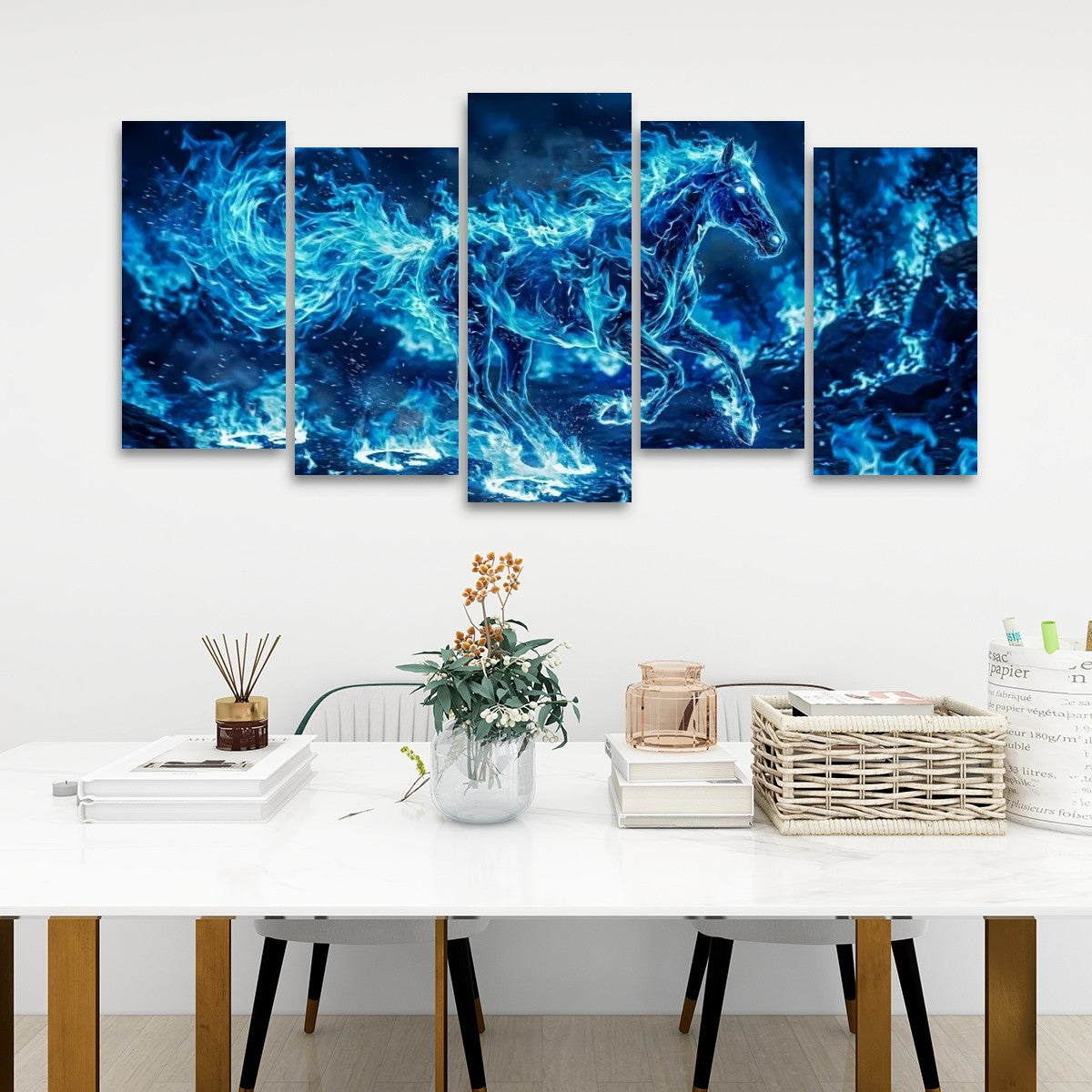 Blue Fire Horse Abstract Canvas Wall Art – Original Equine Art | 1, 3 & 5 Panel Living Room Print