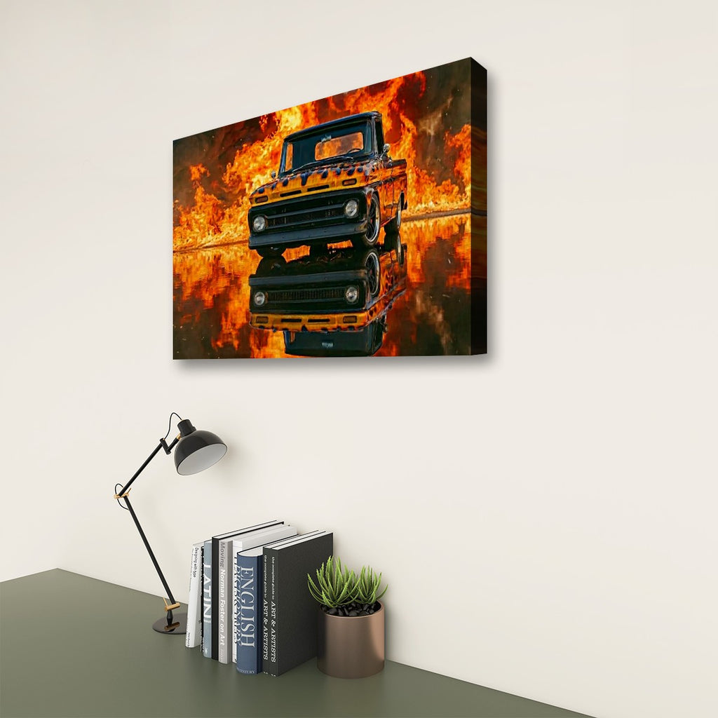 Flaming 1966 Chevy C10 Canvas Wall Art – Fire & Flames Classic Truck | 5-Panel Level Garage Décor Print