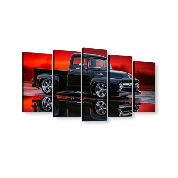 1956 Ford F100 Truck Reflection & Red Glow Canvas Wall Art | 1, 3 & 5 Panel Classic Truck Print