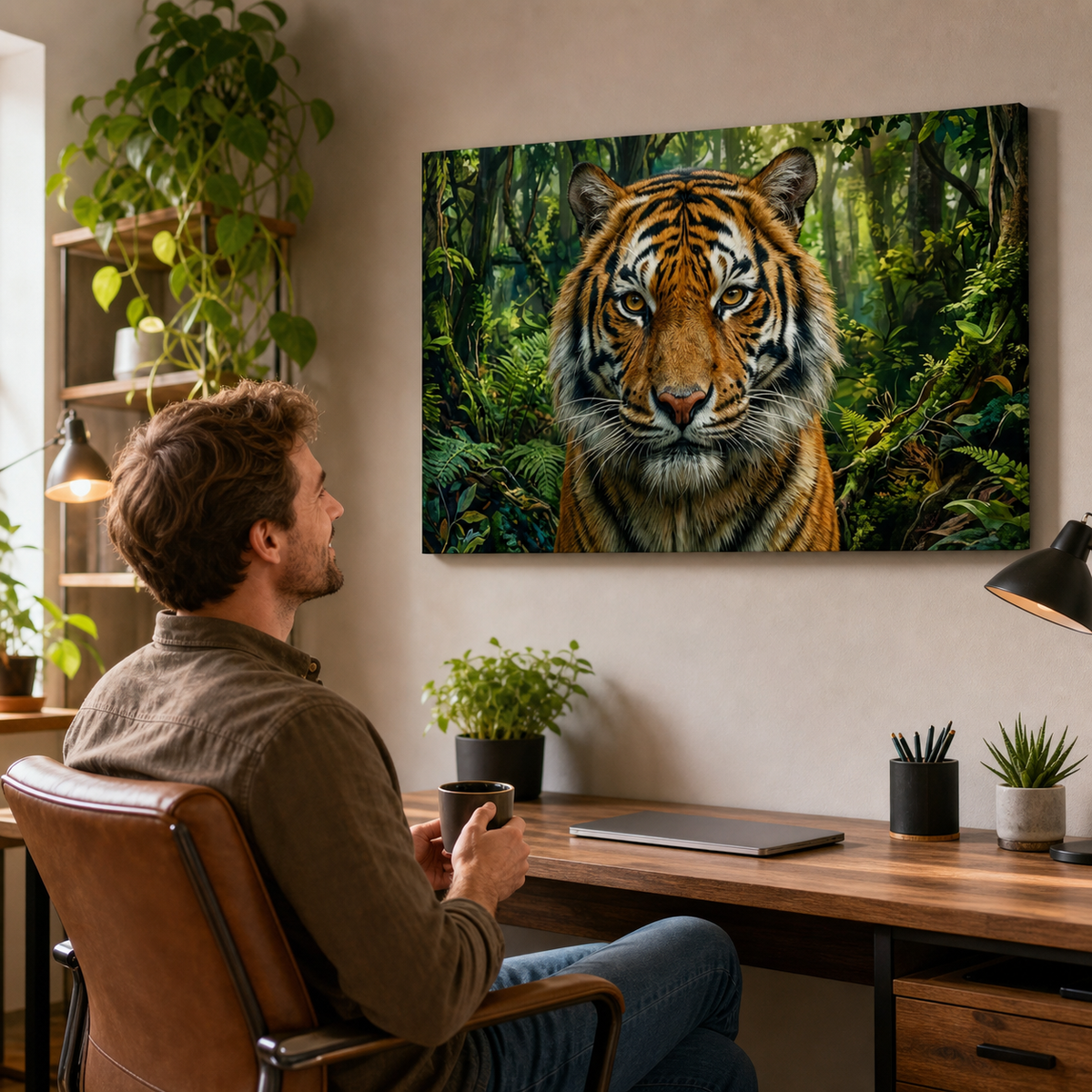A man sits in a brown leather chair at a wooden desk, looking at a large wall art print of a tiger's face in a lush green forest. The room is styled with plants, a laptop, and desk lamps.