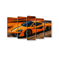 A five-panel canvas wall art set depicting a bright orange  McLaren  sports car with white racing stripes on a blurred orange and brown background, shown against a plain white wall.