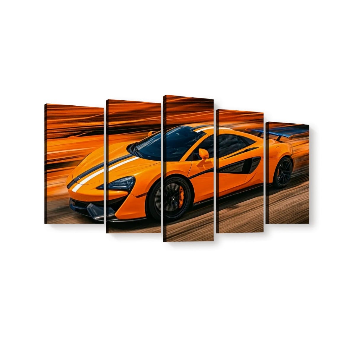 A five-panel canvas wall art set depicting a bright orange  McLaren  sports car with white racing stripes on a blurred orange and brown background, shown against a plain white wall.