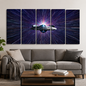 A 5-panel canvas wall art set depicting a futuristic spaceship against a starburst space background, displayed in a modern living room setting above a gray sofa.