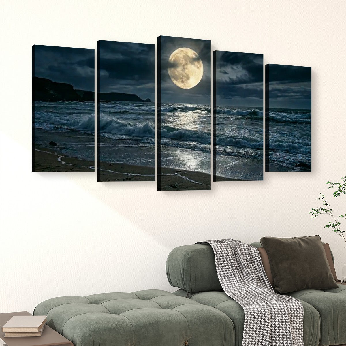 Gulf Moon Reflection Canvas Wall Art – Moonlit Beach Night Scene | 1, 3 & 5 Panel Coastal Print
