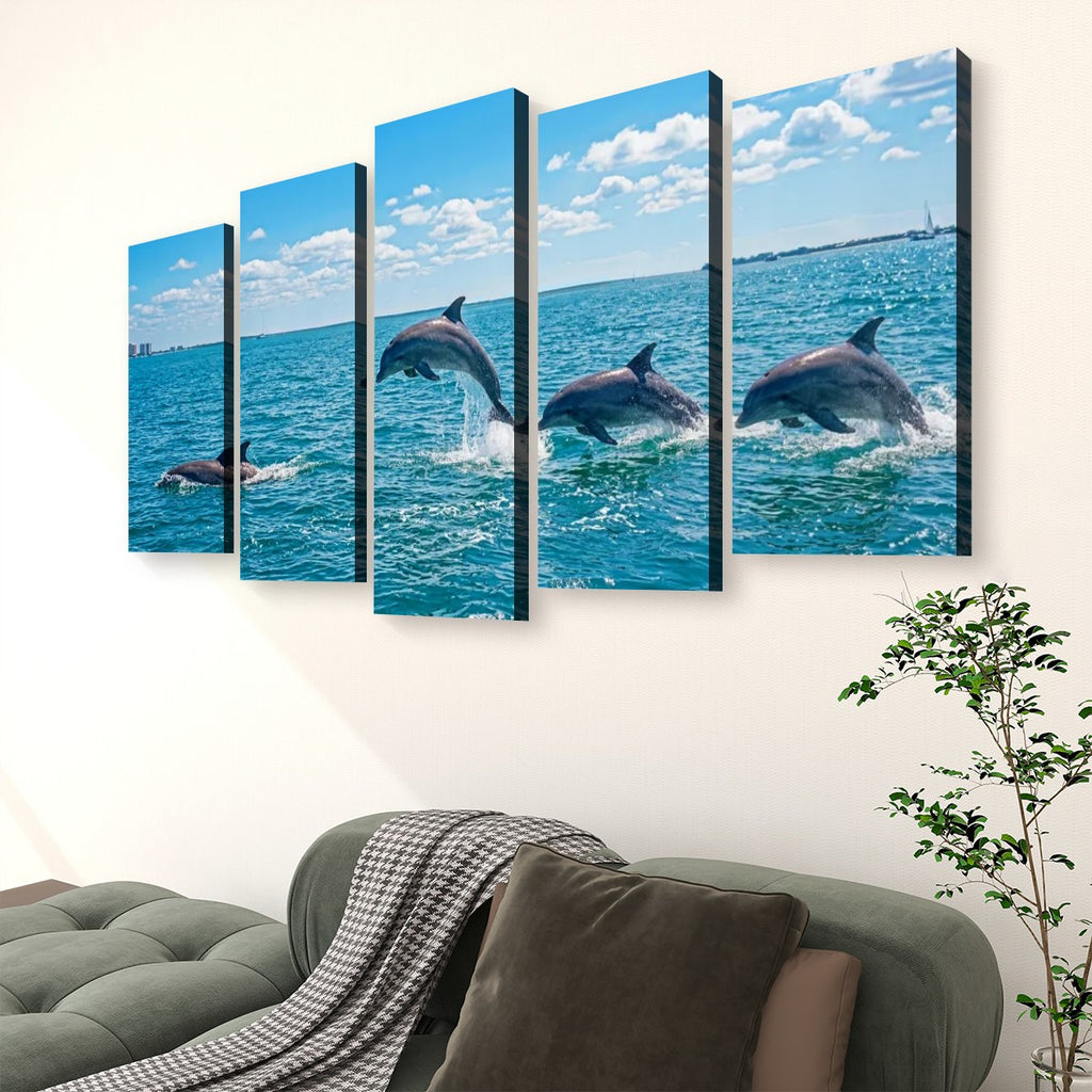 Dolphins Jumping, Breaching, Porpoising in the Gulf of Mexico Canvas Wall Art — Single & Multi-Panel Prints