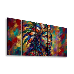 A five-panel canvas wall art set depicting a colorful, textured portrait of a woman wearing a feathered headdress, shown against a plain white background.