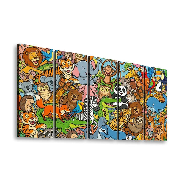 Wild & Whimsical Cartoon Animal Collage Kids Canvas Wall Art | 1, 3 & 5 Panel Playroom & Bedroom Print