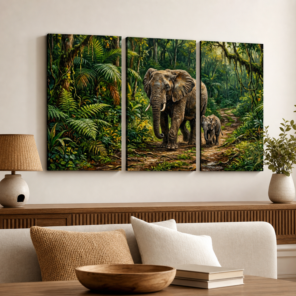 A three-panel canvas wall art set depicting a large elephant and a baby elephant walking through a lush green jungle, displayed on a white wall above a wooden console table with a sofa and decorative pillows.