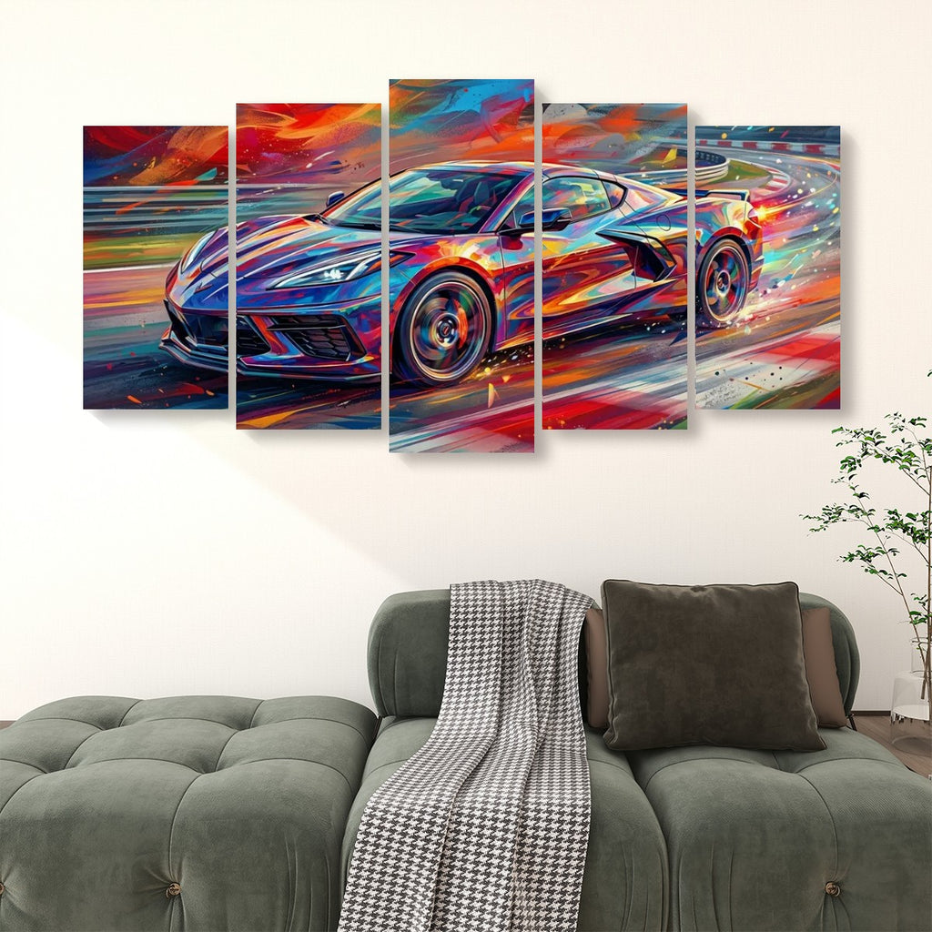 A five-panel canvas wall art set depicting a colorful, abstract Corvette sports car in motion, displayed above a green tufted sofa in a modern living room setting.