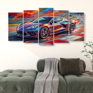 A five-panel canvas wall art set depicting a colorful, abstract Corvette sports car in motion, displayed above a green tufted sofa in a modern living room setting.