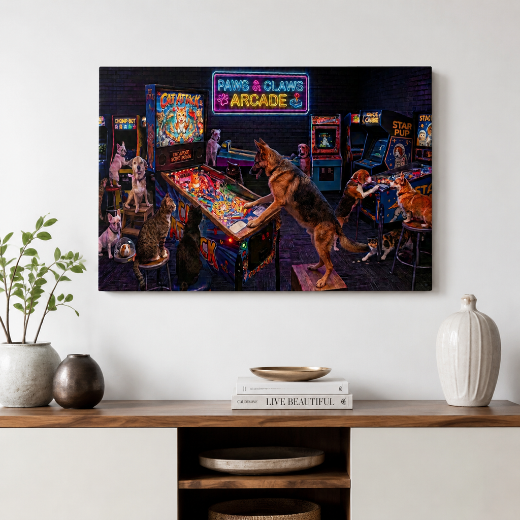 A framed wall art print depicting a lively arcade scene with dogs playing games, hung on a white wall above a wooden console table styled with vases and books.