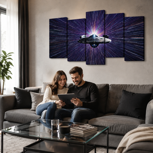 A 5-panel canvas wall art set depicting a futuristic spaceship in a starburst galaxy, displayed on a beige wall above a gray sofa with a couple sitting on it in a modern living room setting.