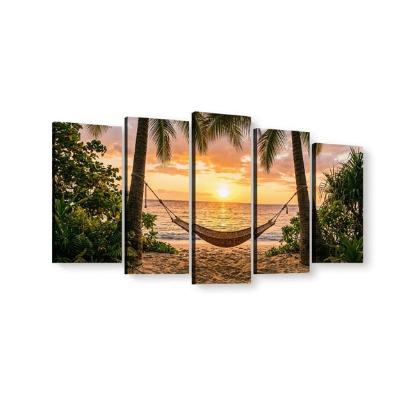 Hammock & Palm Trees Sunset Canvas Wall Art – Drift Into Sunset | 5-Panel Level Coastal Beach Print