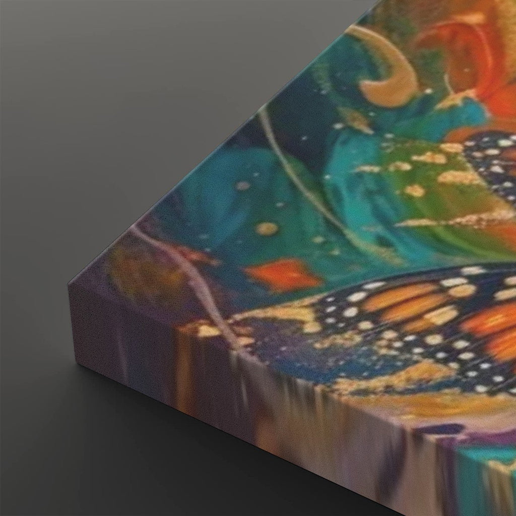 A close-up of a colorful abstract canvas print showing a butterfly motif with teal, orange, purple, and gold tones, photographed on a dark gray background.