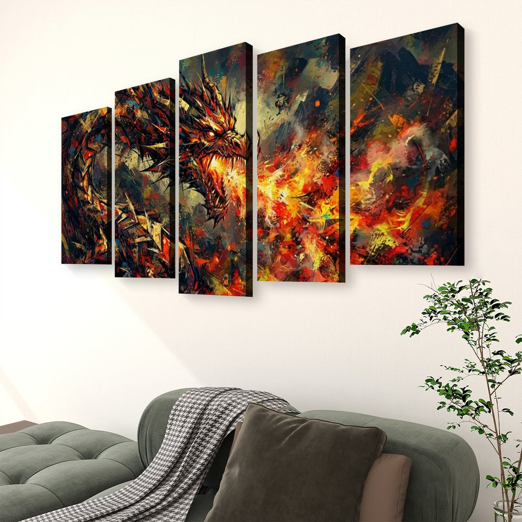 A five-panel vertical canvas wall art set depicting a dramatic fiery dragon scene, displayed on a white wall above a green sofa in a modern living room setting.